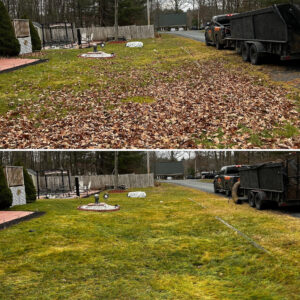 This image captures our expert leaf clean-up service underway in Hawley, PA. Our skilled team diligently removes leaves and debris, leaving your outdoor space immaculate and inviting. Rely on us for professional leaf removal, seasonal clean-up, and comprehensive property maintenance solutions tailored to your needs.